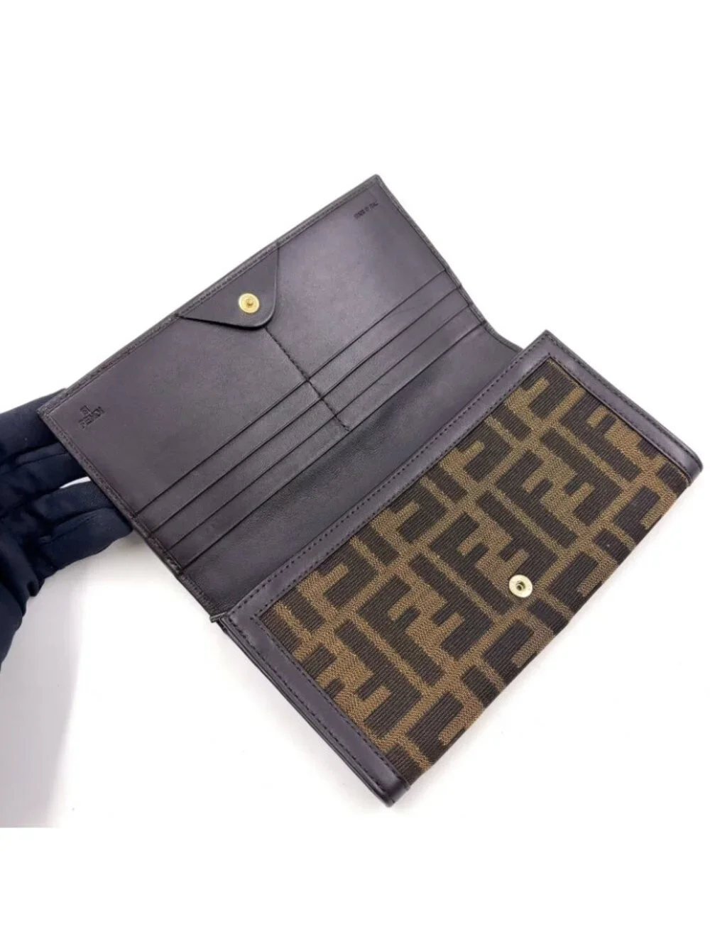 Fendi Zucca Pattern Leather Canvas Brown Black Bifold Wallet Gold